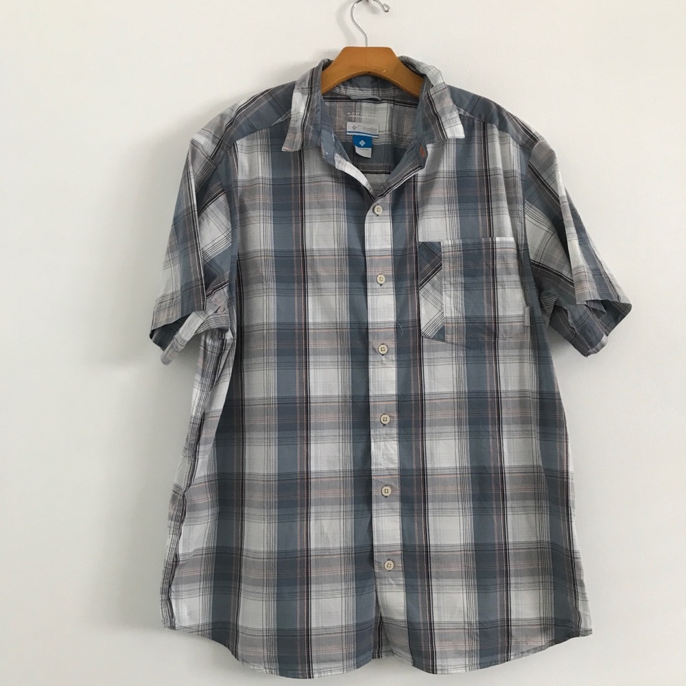 COLUMBIA MENS CAMP SHIRT GRAY PLAID SHORT SLEEVE LARGE
